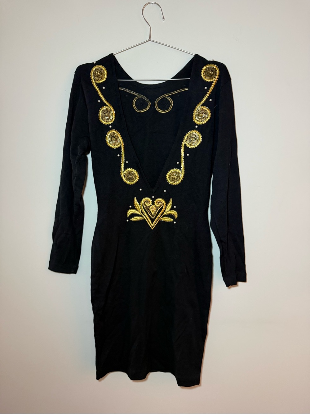 Vintage 80s Fusion Knit Black Gold Embroidered Beaded Dress M Plunging Back Midi